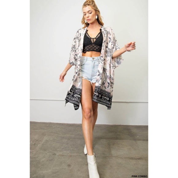 SOLD OUT Pink Combo Floral Border Print Open Kimono Wrap Coverup Side Slits - Picture 2 of 6